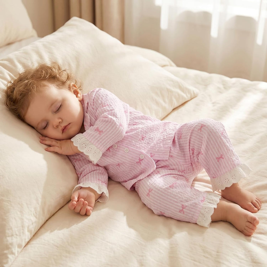 Baby Girl Pajamas Set Bow Long Sleeve Button Down Shirt Top Pants Kids Toddler Two Piece Pjs Set Sleepwear Fall Winter