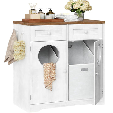 Double Laundry Hamper Cabinet, Hidden Laundry Cabinet with 2 Drawers & 2 Baskets, 20 Gallon Farmhouse Bathroom