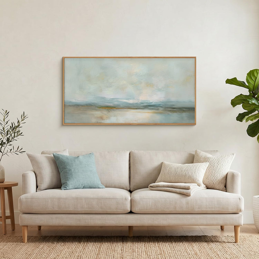 Sage Green Abstract Framed Canvas Wall Art, Watercolor Landscape Horizontal Wall Decor, Neutral Minimalist Lake