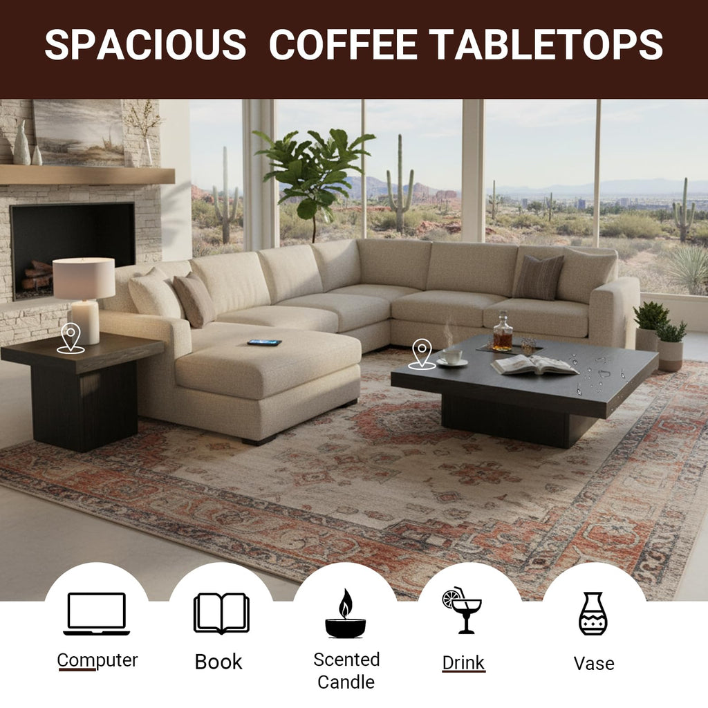 Coffee Table Modern Rustic Square Center Table with Wooden Legs, 1.6" Thick Tabletop, Low Profile Accent End Side