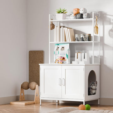 Cat Litter Box Enclosure with Storage, 57'' Hidden Cat House Furniture, Wooden Cat Cabinet with Shelves & 4 S-Hooks