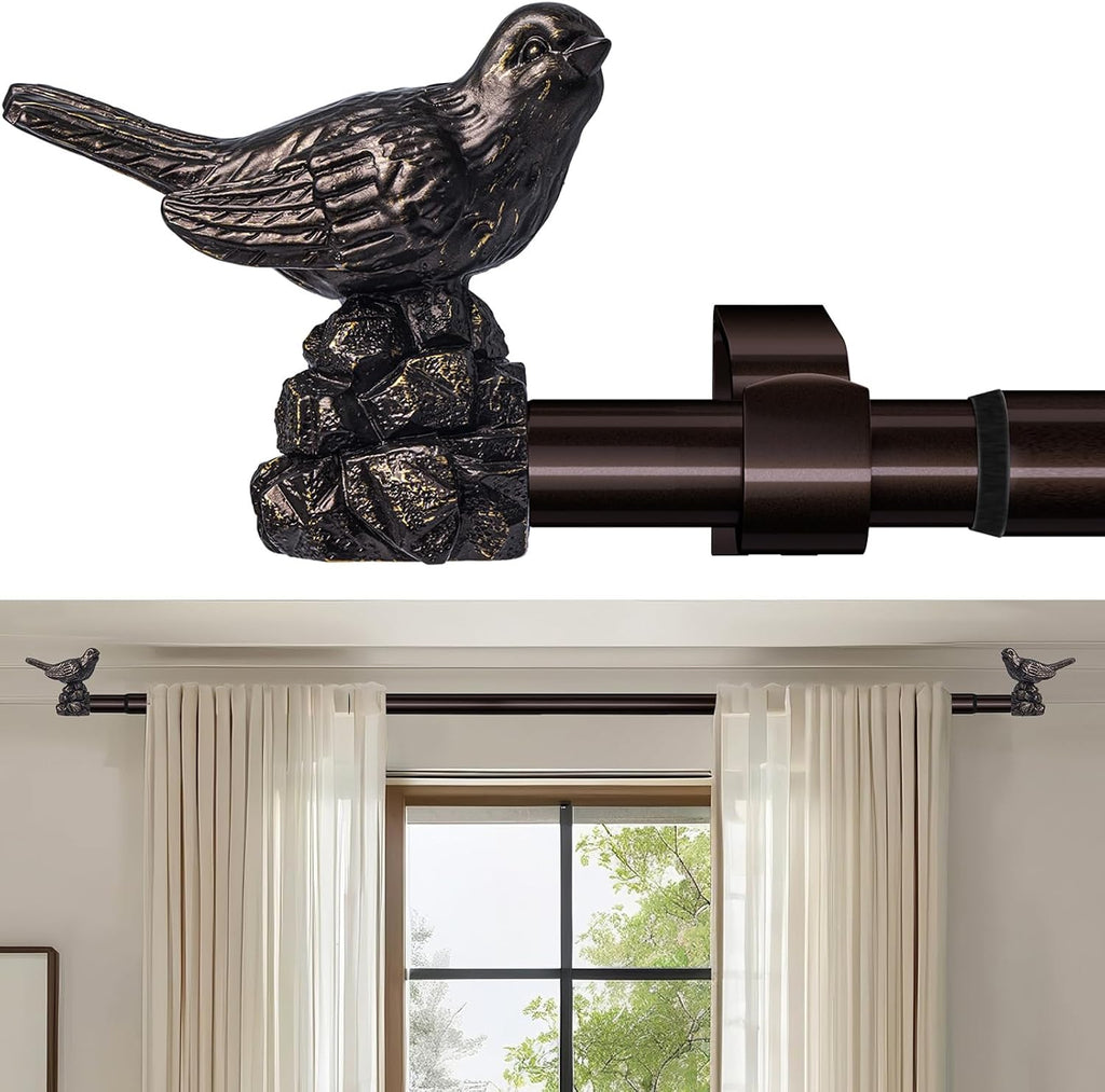 Curtain Rods Vintage Oil Bronze Curtain Rods for Windows Adjustable Drapery Rod with Bird Finials