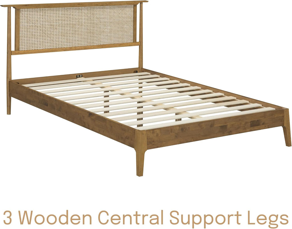 Ruby Wooden Bed Frame with Headboard and Natural Rattan, Solid Oak/Rubber Wood Foundation with Silent Slats, 1000 Lb