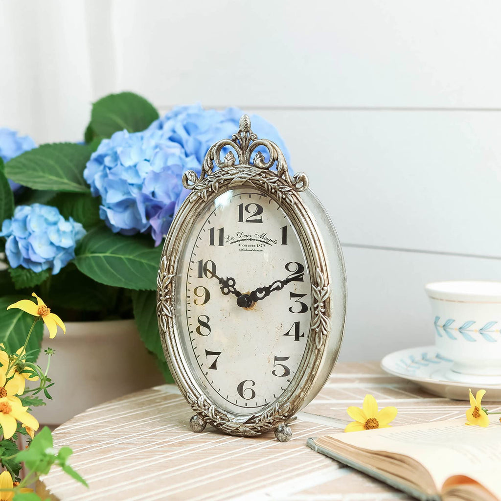 Small Vintage Table Clock, Silent Elegant Silver Desk Clock