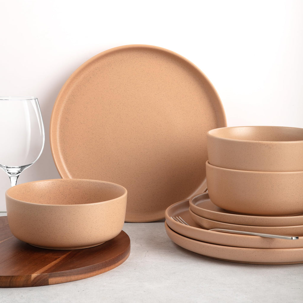 Terra Stoneware Dinnerware Set, Artisanal Ceramic Plates and Bowls Set Crafted at 2300°F - Service for 4, Terracotta