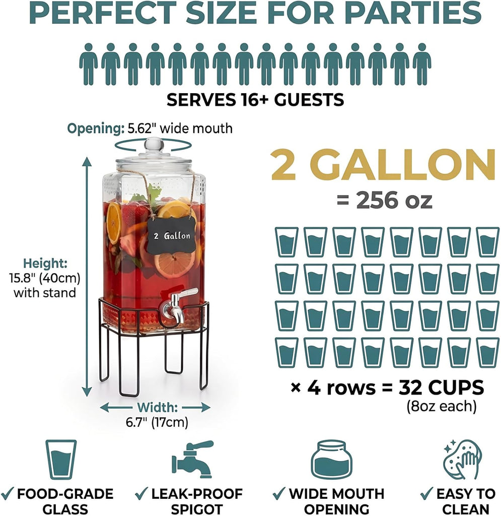 2 Gallon Glass Drink Dispenser, Drink Dispensers for Parties, Beverage Dispenser with Stand and Glass Lid, 100%