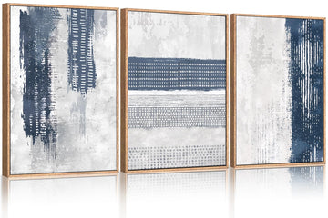 Navy Blue Abstract Framed Wall Art Set, Neutral Minimalist Canvas Wall Decor, Mid Century Modern Wall Painting, Grey
