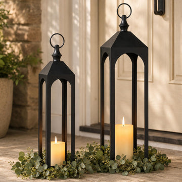 24" & 20" Large Outdoor Floor Lantern, Black Fall Porch Decor