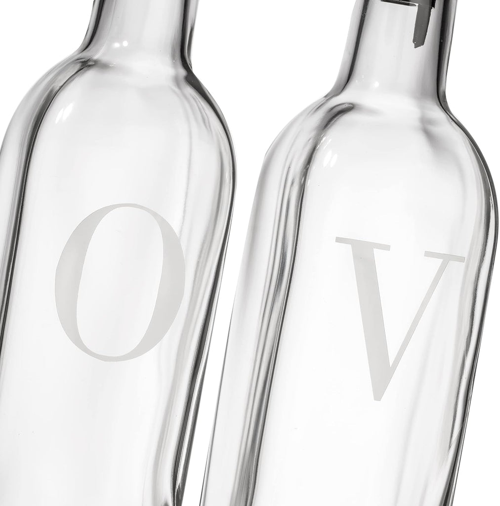 Olive Oil and Vinegar Dispenser Set - 17 oz. Glass Bottles with No-Drip BPA-Free Spouts - Stylish O and V Identifiers - Set of 2