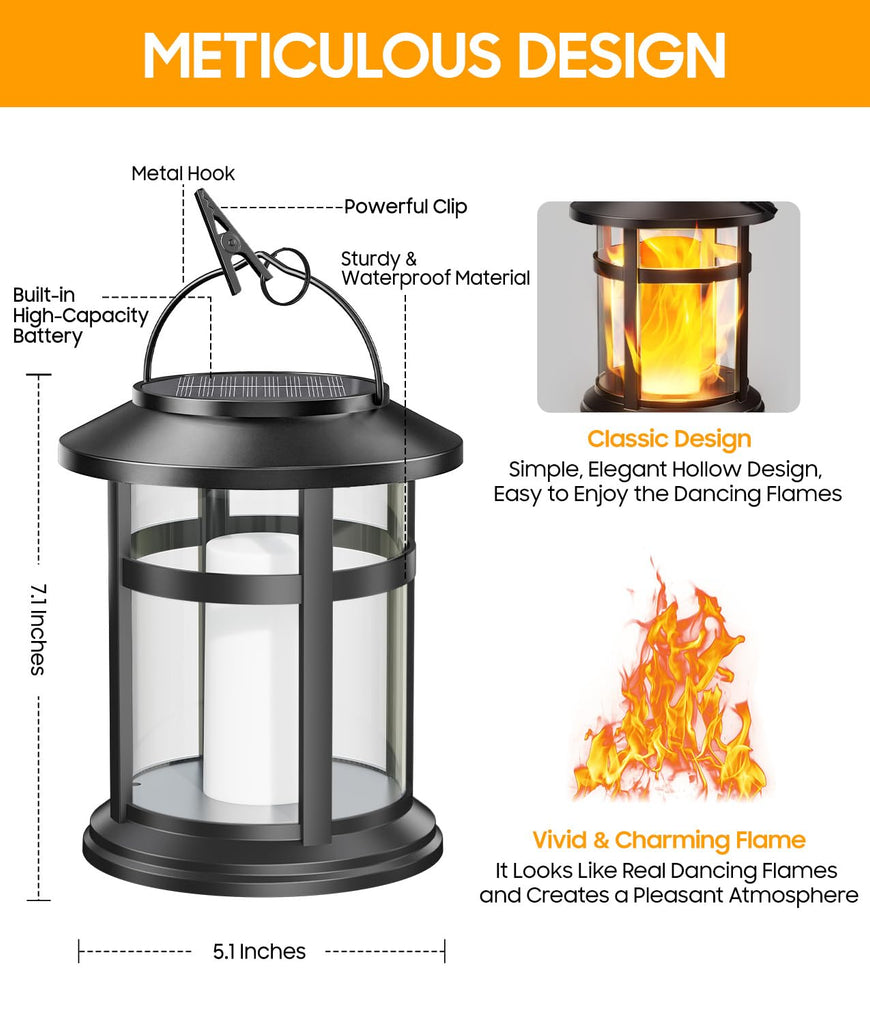 Solar Lanterns Outdoor Waterproof, 4 Pack Upgraded Flickering Flame Hanging Solar Lights, Solar Powered Decorative