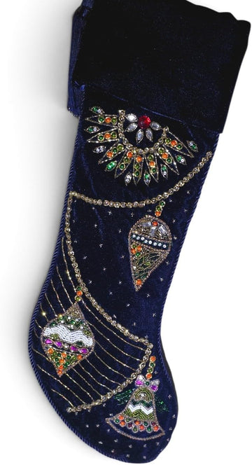Luxury Navy Blue Velvet Christmas Stocking with Beaded Embroidery, Elegant Holiday Stocking with Tassel, Decorative