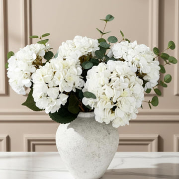 Real Touch White Faux Hydrangea And Eucalyptus Arrangement, Faux Floral Arrangements, Hyper Realistic Artificial - Set of 8