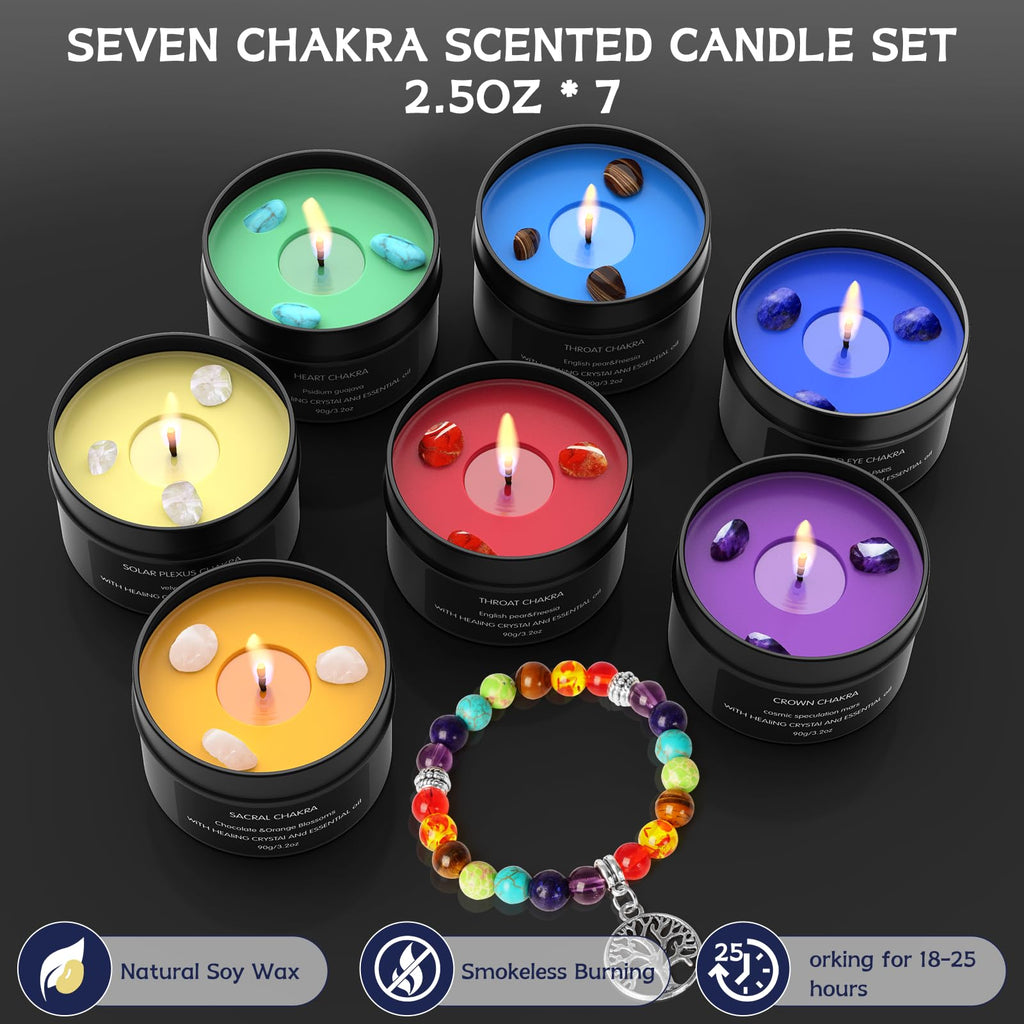 7 Chakra Crystal Candles with Healing Stones & Bracelets - Scented Meditation Candles for Stress Relief, Spiritual