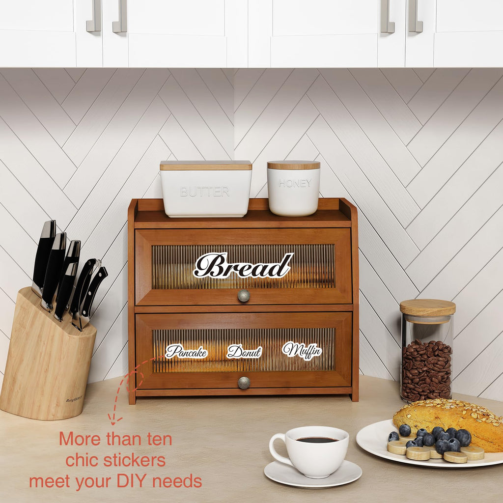Wooden Countertop, Dark Wood Bread Storage Container made Bread, 2 Tier Roll Top Breadbox Holder Keeper for Sourdough