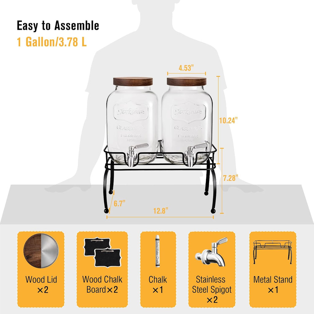 Gallon Glass Drink Dispenser for Parties with Stand - Set of 2