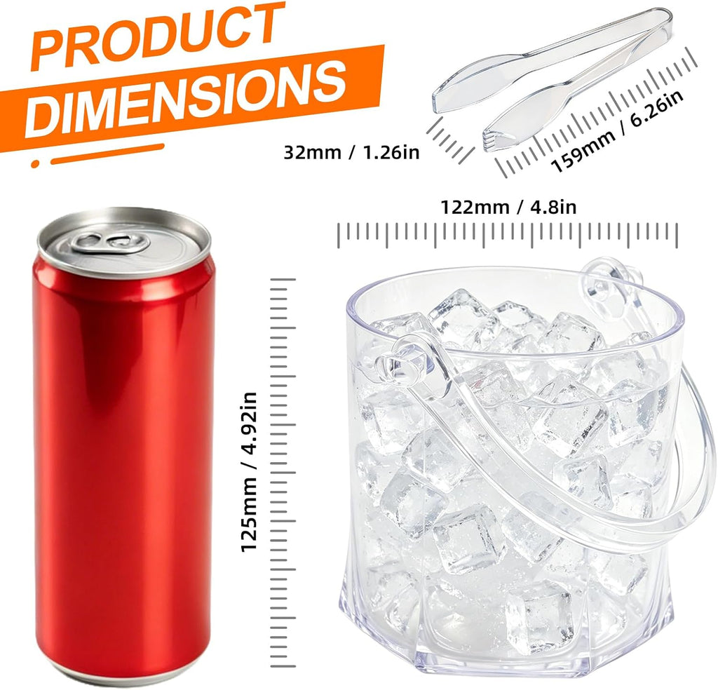 Crystal Ice Bucket with Handle & Tongs-1.1 L Plastic Clear Champagne Ice Buckets for Parties, Beer, Wine, Drinks - Set of 2