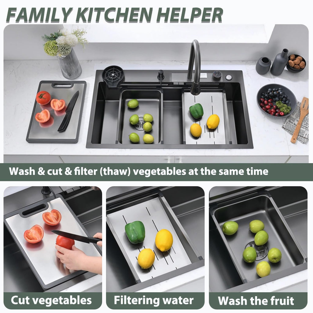 Black with bottom screen, 26 Inch Nano Stainless Steel Waterfall, Countertop Workstation Single Sink Set &