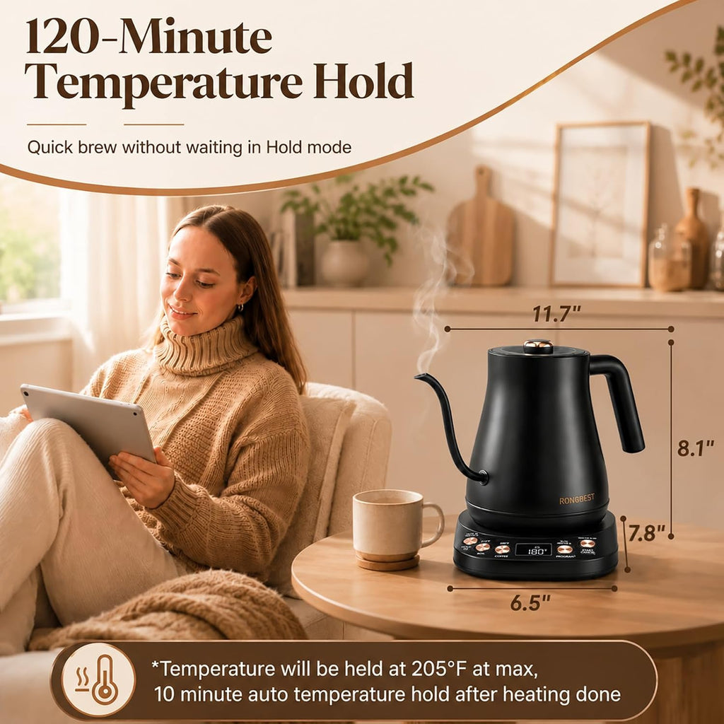1L Electric Gooseneck Water Kettle with 6 Temperature Control Presets | Stainless Steel Inner & Lid, 2H