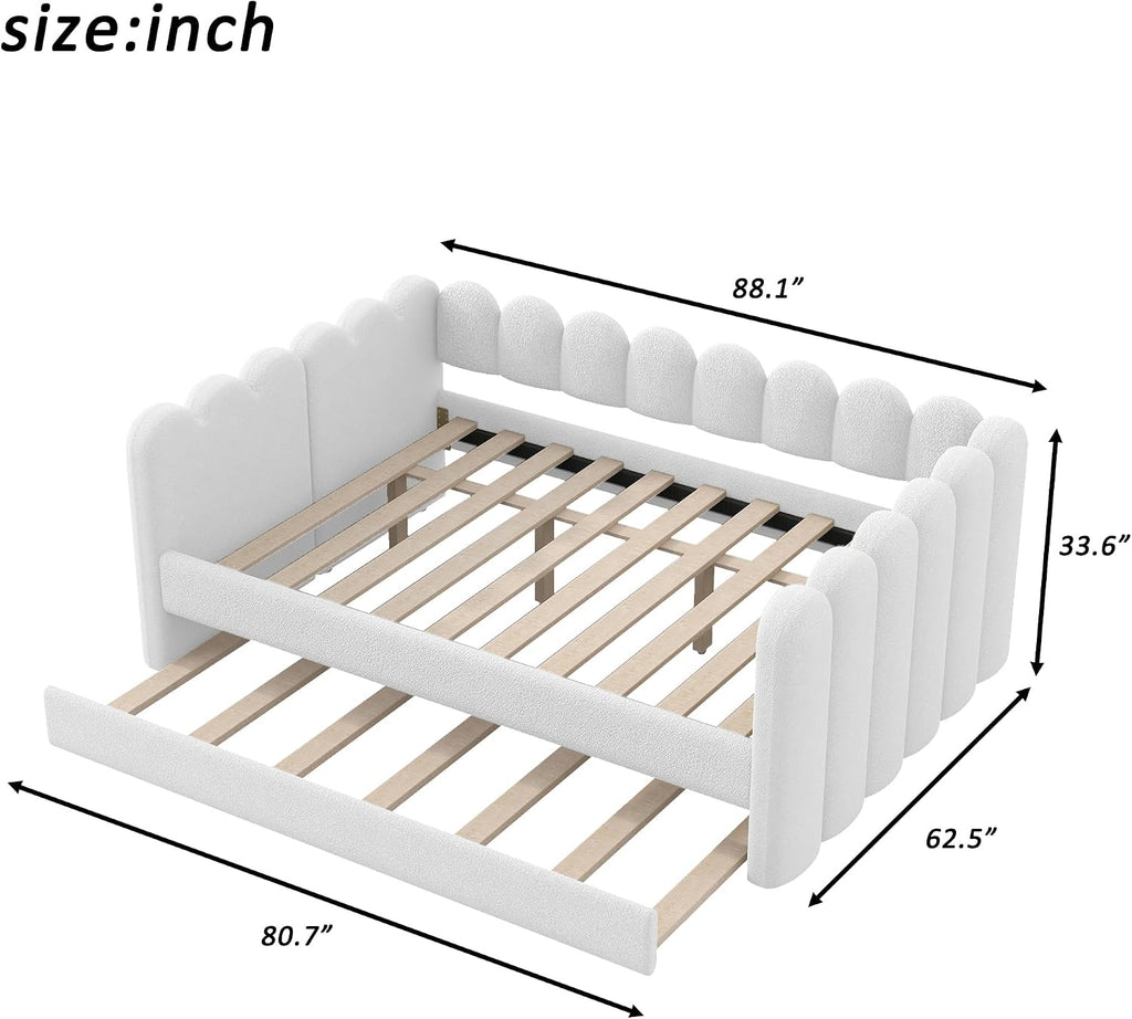 Queen Size Upholstered Daybed with Trundle Bed, Bouclé Fabric Scalloped Wave Shaped Frame, Platform Sofa Bed with