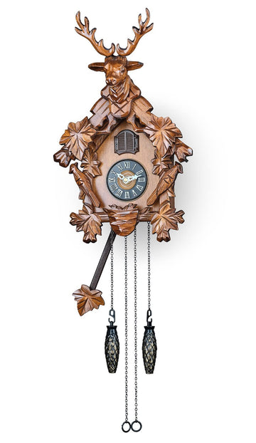 Cuckoo Clock with Automatic Night Mode, Quartz Movement and Carved Deer Head (Brown)