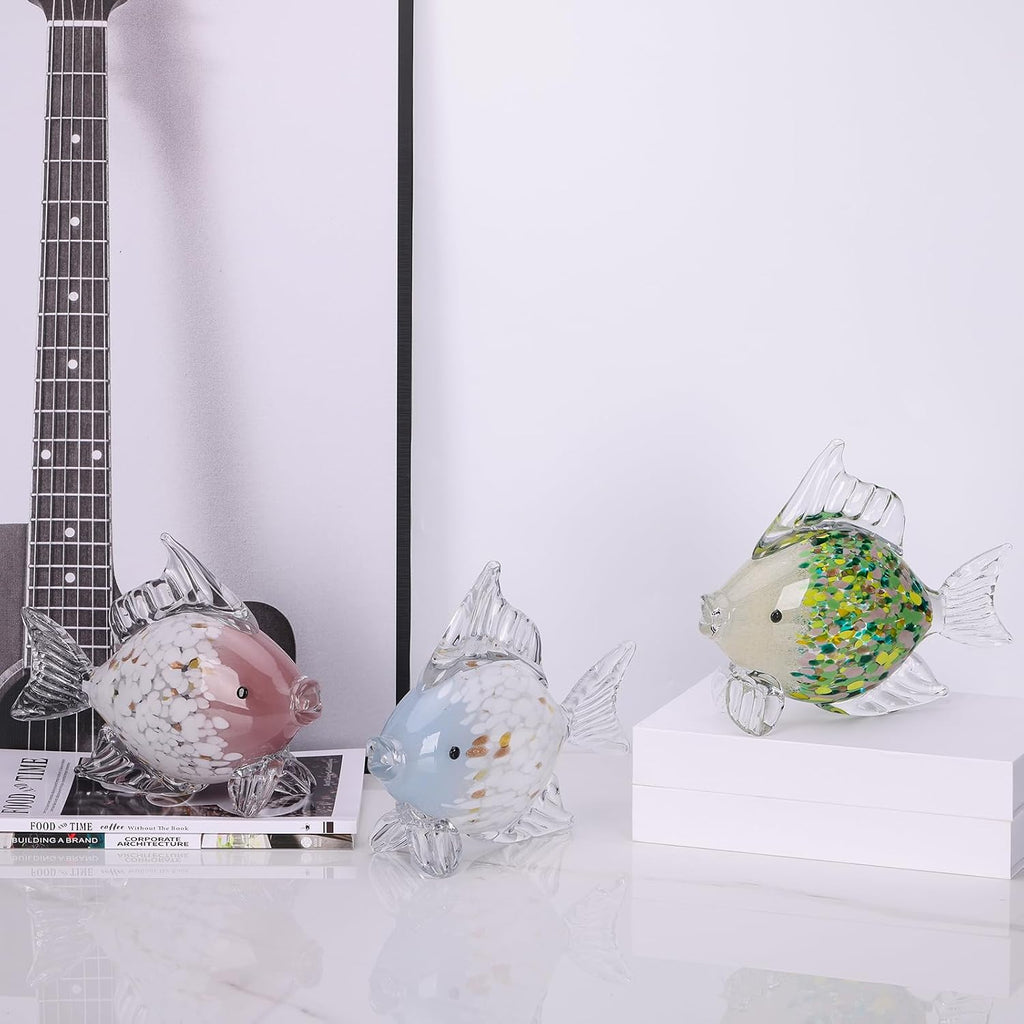 Large Hand Blown Glass Fish Figurines, Aquarium Sea Glass Art, Blue White Fish Statue Sculpture Modern Coastal Accent