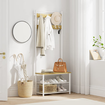 Hall Tree with Bench and Shoe Storage, 3-in-1 Coat Rack Shoe Bench, Freestanding Wooden Coat Rack with Metal Frame