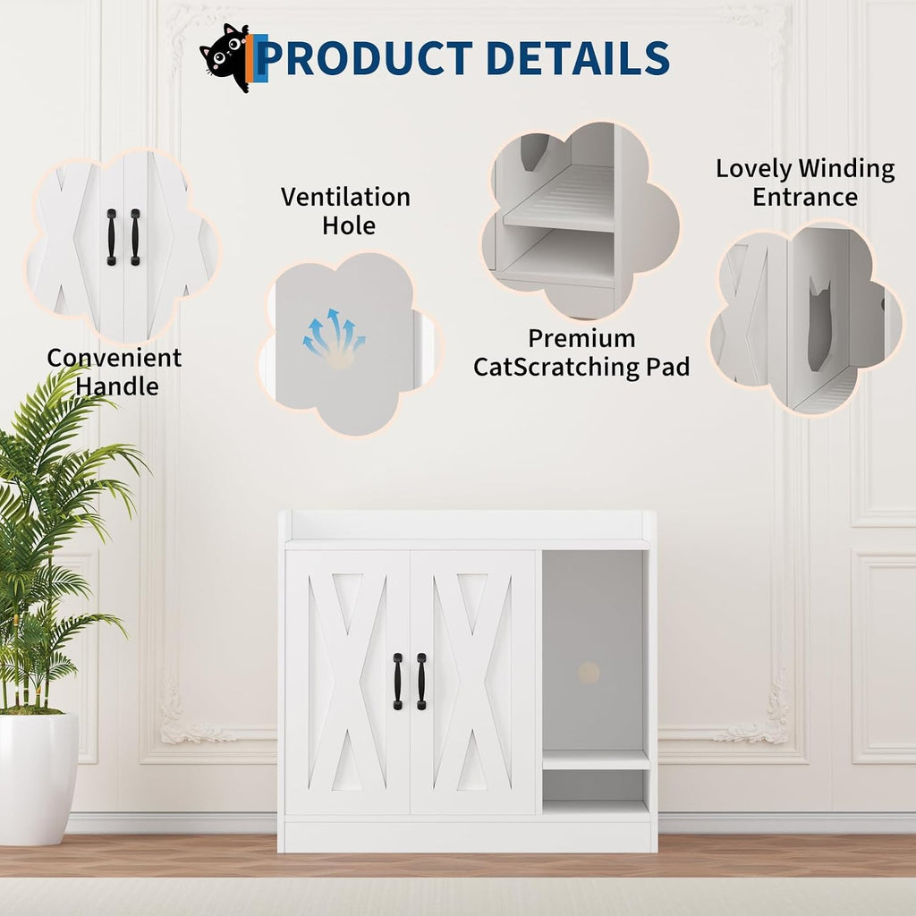 Large Wooden Cat Litter Box Enclosure, Hidden Litter Box Cabinet with Divider, Double Doors & Cat-Shaped Side Entry