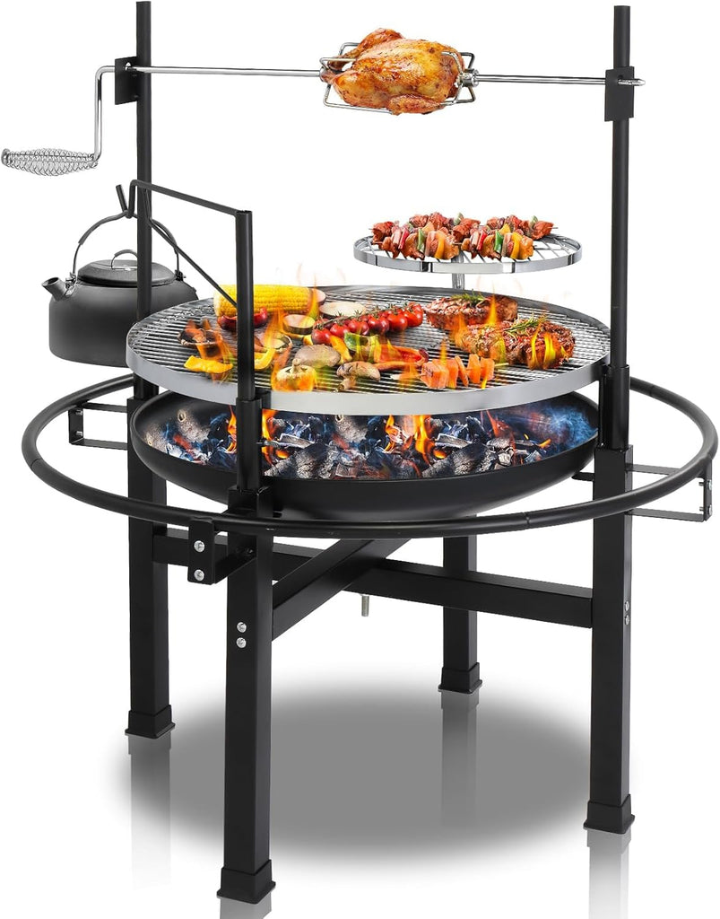 33'' Outdoor Fire Pit with 2 Grills, Wood Burning Round Firepit with Swivel Cooking Grate, Removable Swivel Grill