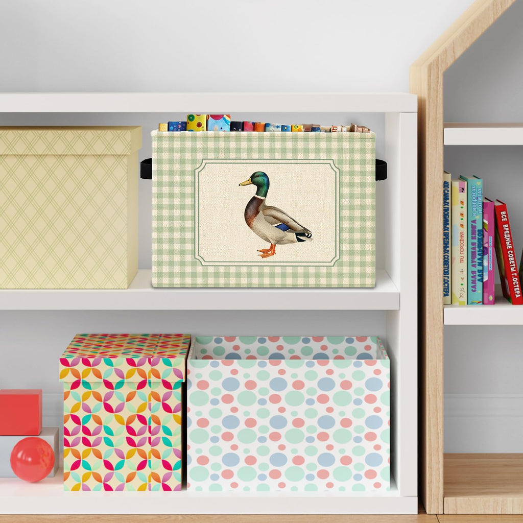 Mallard Duck Sage Green Checkered Storage Bins Box with Handles, Cottagecore Mallard Duck Plaid Laundry Basket Hamper