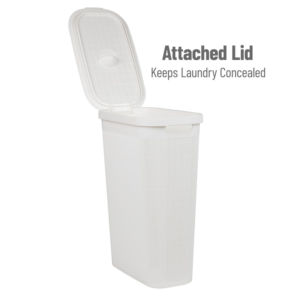 Slim Laundry Hamper with Lid, 40L Clothes Basket, Linen Design, Plastic, White