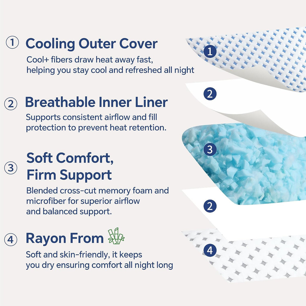 Queen Pillows Set of 2, Cooling Shredded Memory Foam Pillows | Adjustable Loft, Balanced Support, Medium Firm Feel