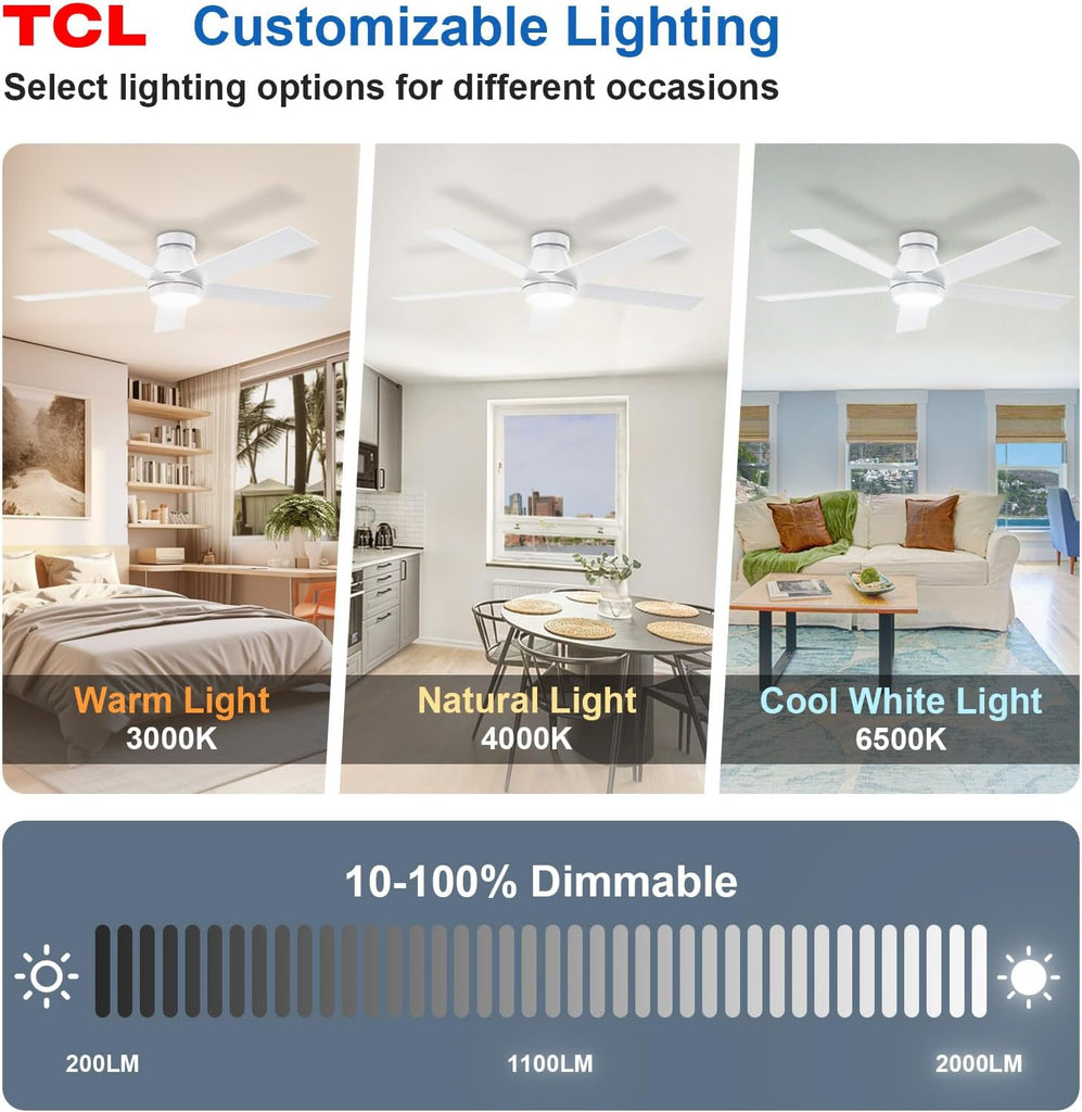 52" Modern Ceiling Fan with Lights, 5 Blades, 6 Speeds DC Reversible, Dimmable, White Flush Mount for Bedroom, Living Room and Garage A101-B0D4ZC89NR