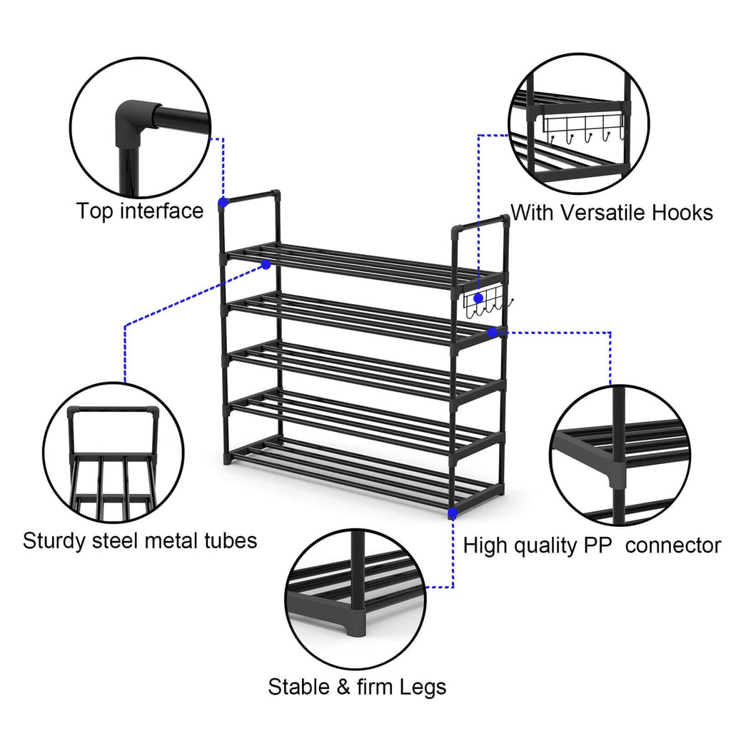 Shoe Rack for Closet, 5-Tier Metal Shelf Storage with Hooks, Black