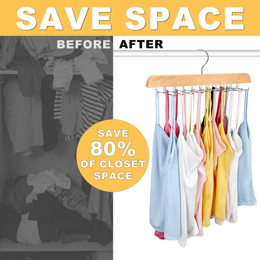 Tank Top Hanger with Premium Wood, 24 Large Capacity, Space Saving, 360 Degree Rotating, Foldable Metal Hooks, Tank