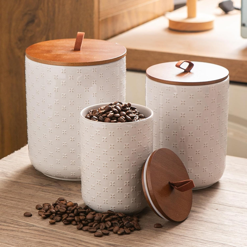 Embossed Ceramic Canister Set with Airtight Bamboo Lid - Set of 3