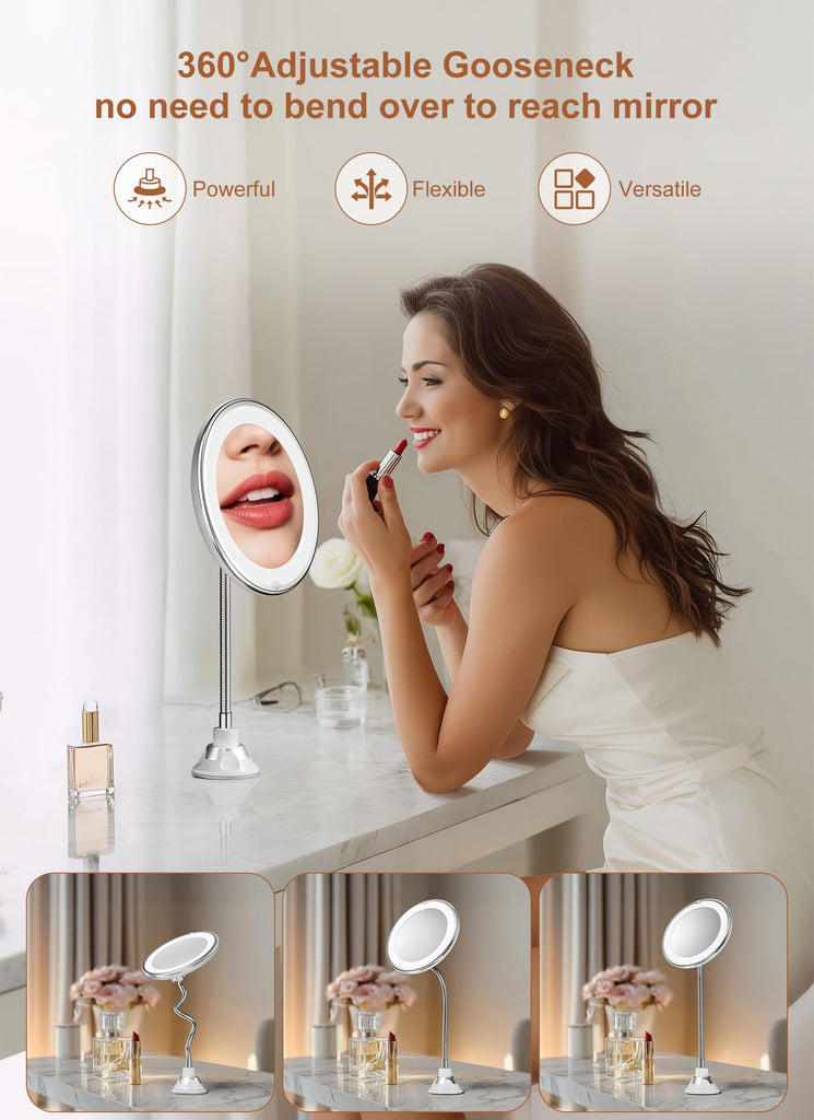 10x Magnifying Mirror with Light, Flexible Gooseneck Travel Make up Mirror