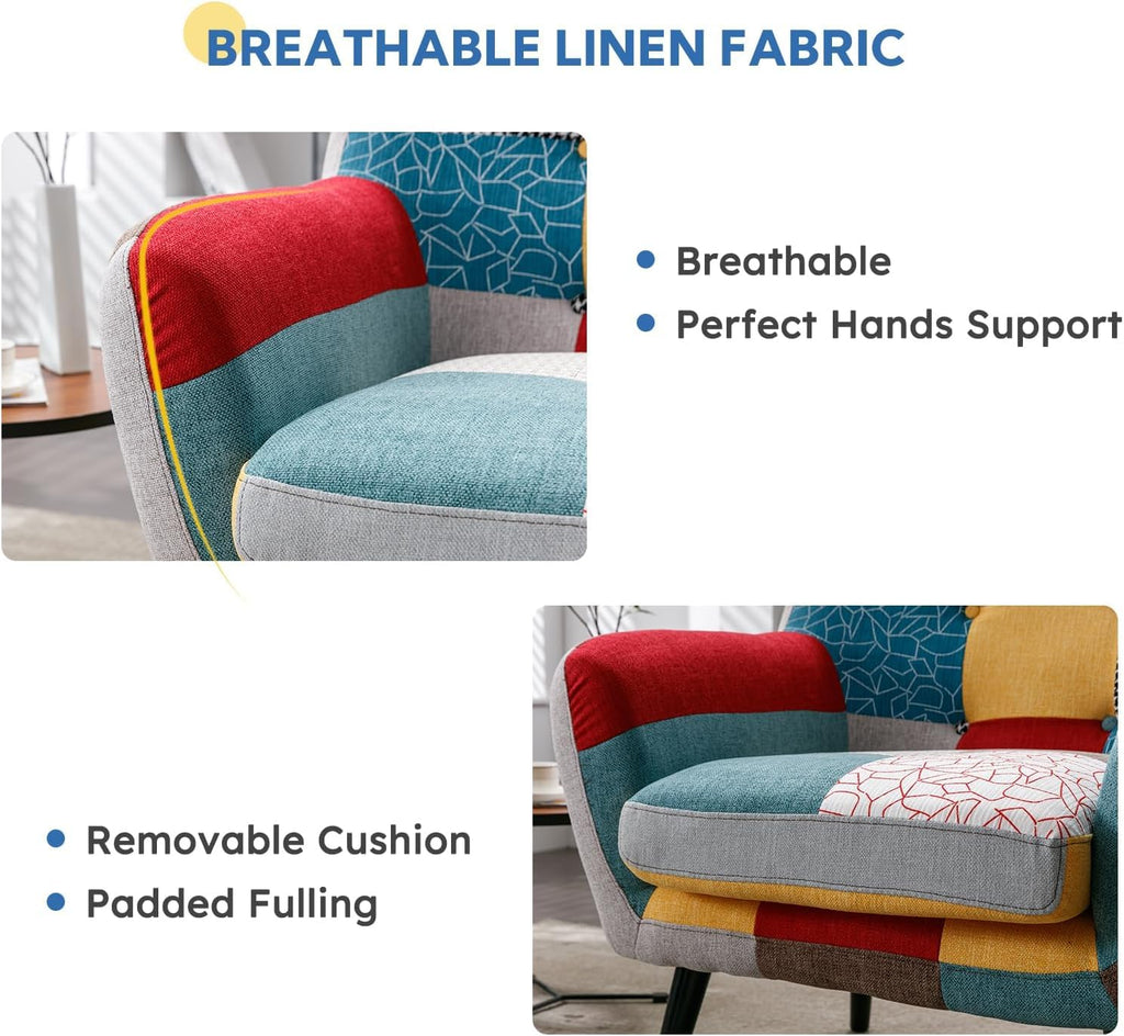 Modern Colorful 3 Piece Coroful Fabric Sofa Set, Included 2 Accent Chairs and 1 Boho Loveseat Linen Patchwork Plaid