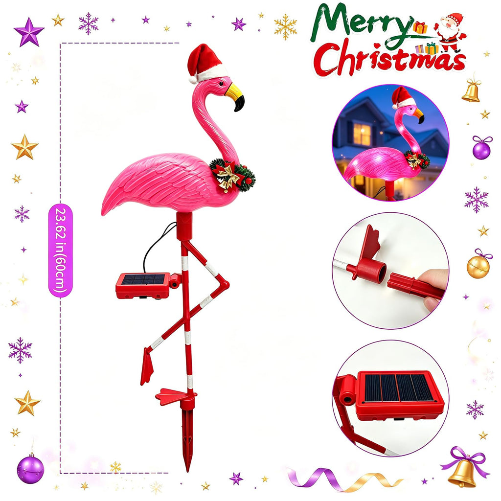 Solar Christmas Decorations, 2 Pack Solar Pink Flamingos Lights for Outdoor Yard
