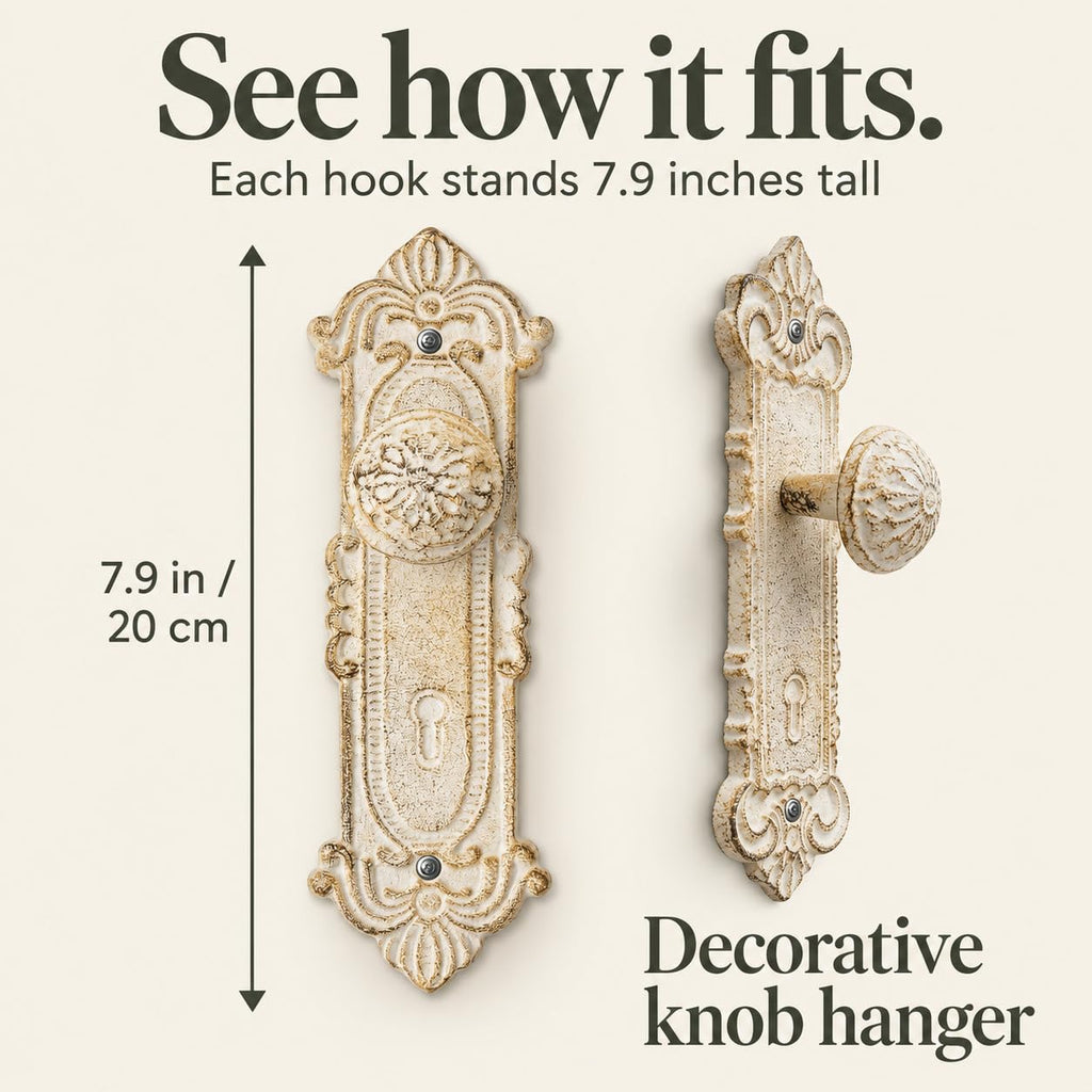 Rustic White Cast Iron Door Knob Wall Hooks - Set of 3 - 7.9" H