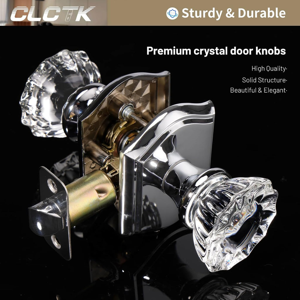 Glass Door Knobs Interior with Lock, Crystal Privacy Polished Chrome Door Knobs Bathroom, 1 Pack