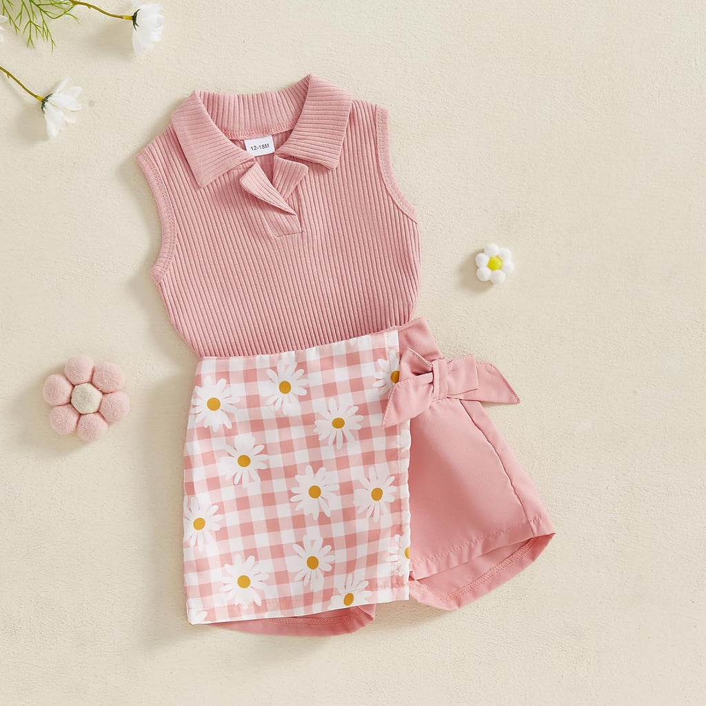 Toddler Baby Girls Summer Outfit Sleeveless Ribbed Collared Tank Tops + Floral Skirt Shorts Set Kids Cute Clothes