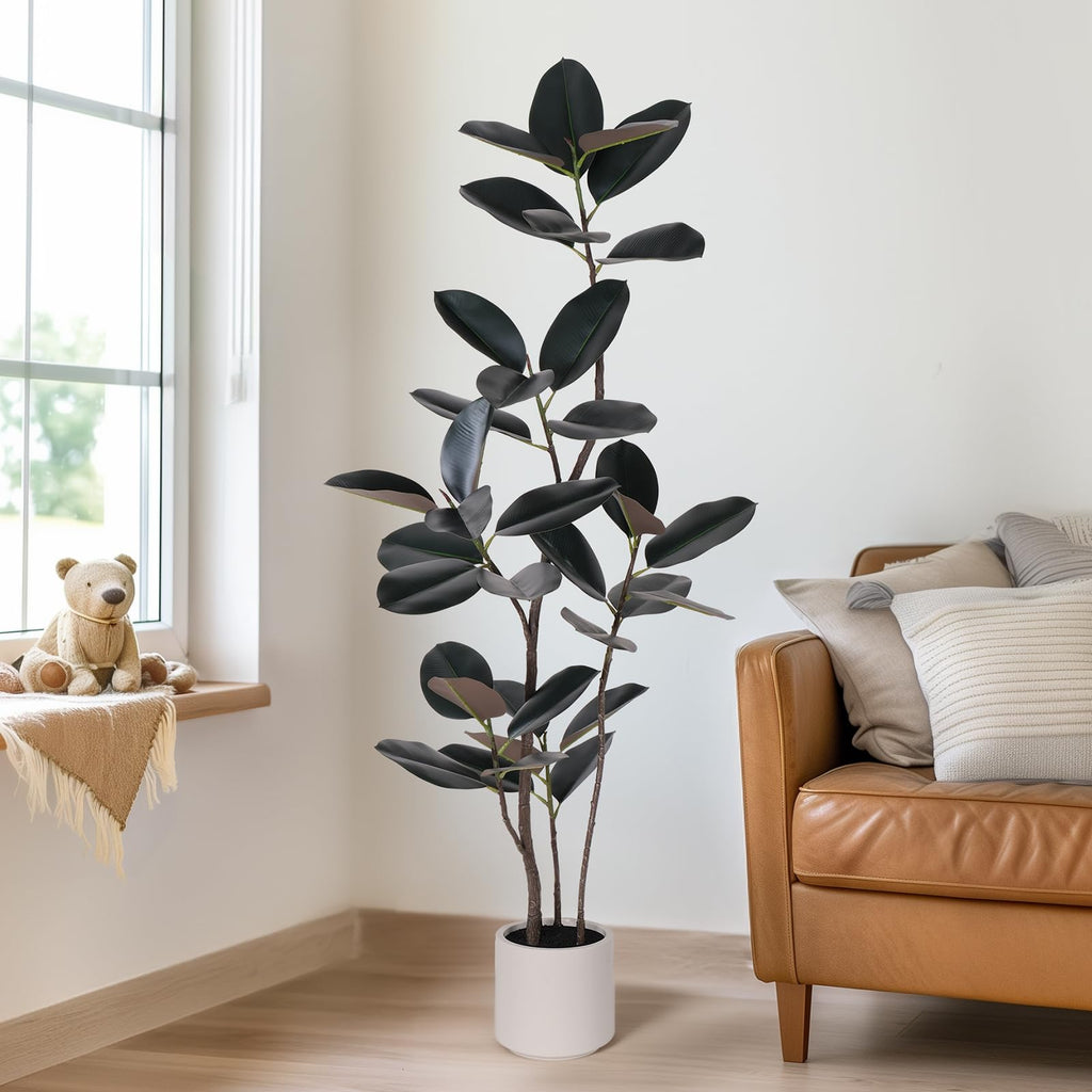 Artificial Rubber Tree - 6 FT Tall Fake Tree with Pot - Large Artificial Plants Indoor, Lifelike Branches & Foliage