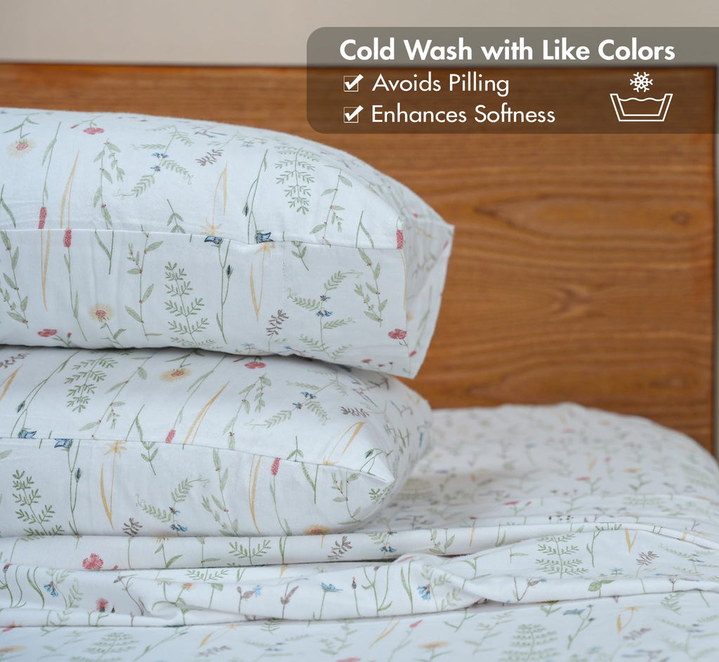 100% Organic Cotton Flannel Sheets Bed Set, Linen Blooms