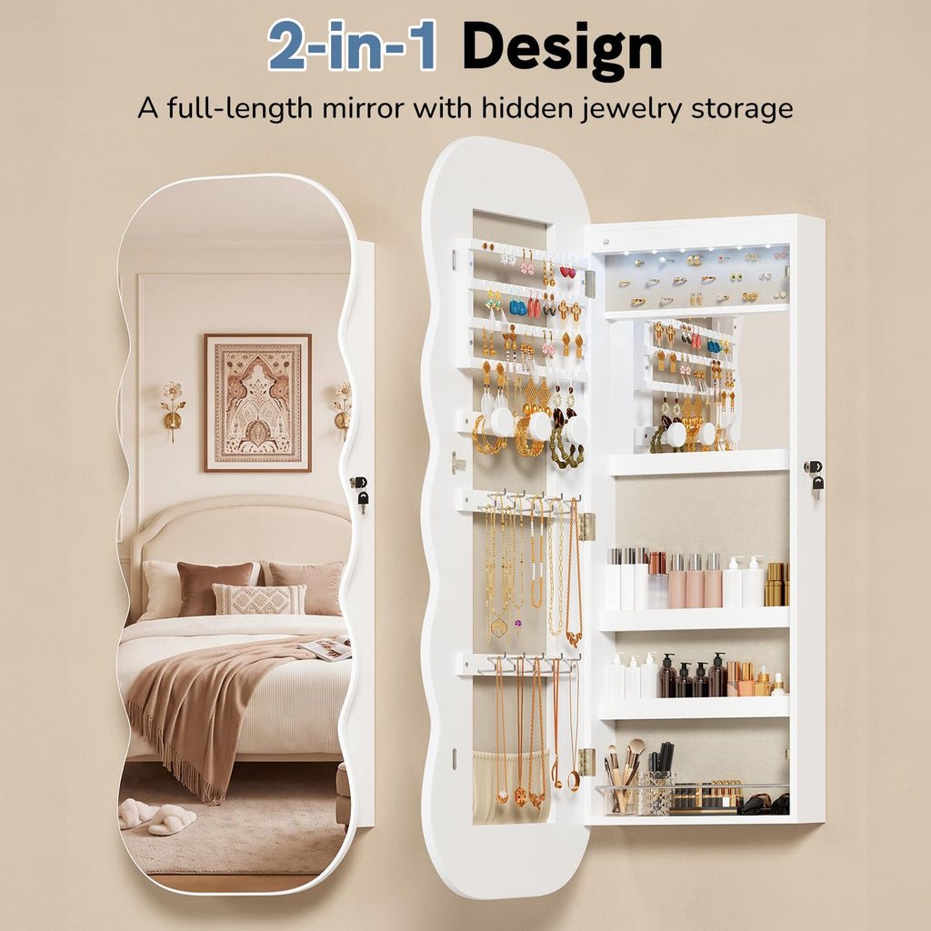 Wavy Mirror Jewelry Cabinet, Hanging Jewelry Organizer, White