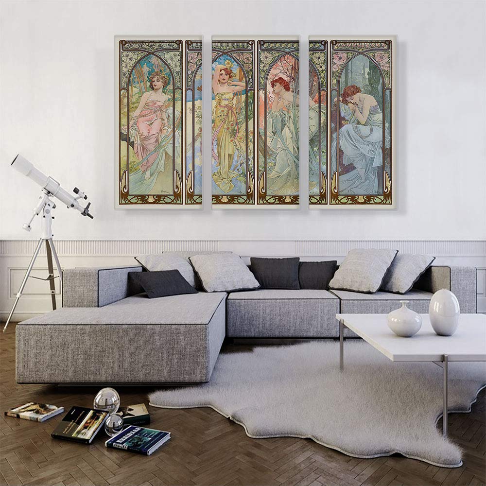 Times of the Day Canvas Art Print Stretched Framed Painting Picture Poster Giclee Wall Decor by Alphonse Mucha - 60"