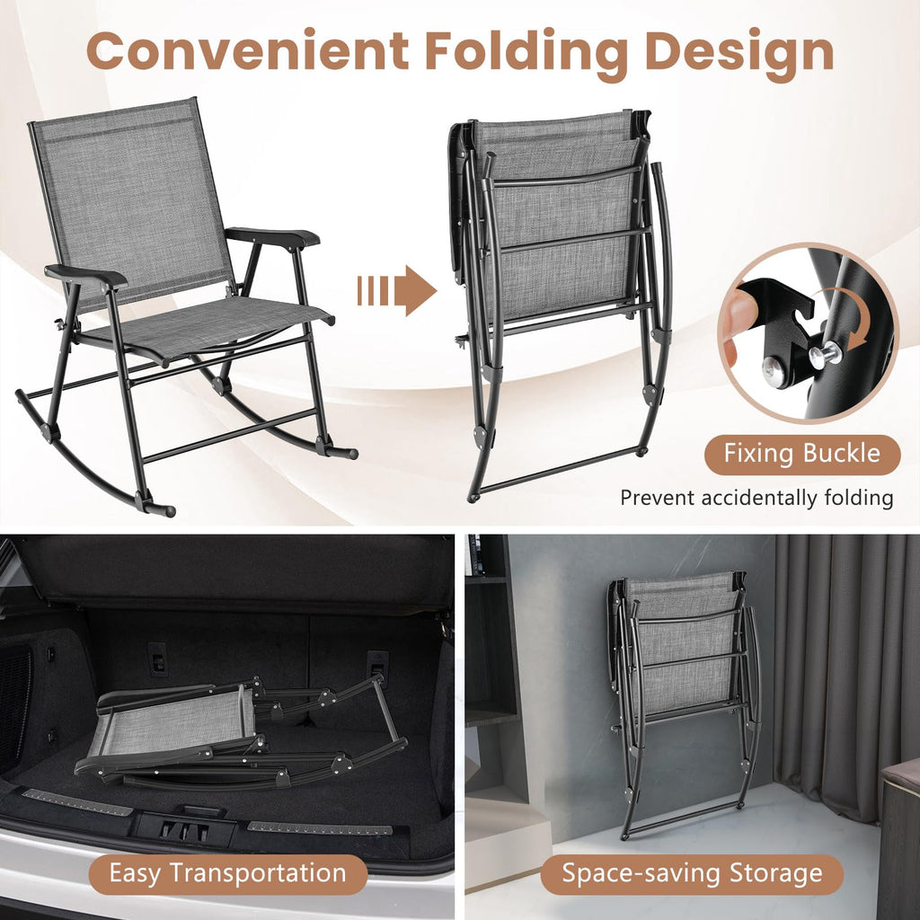 Folding Rocking Chairs Set of 4, Patio Rockers with Breathable Seat Fabric & Sturdy Metal Frame, Smooth Rocking