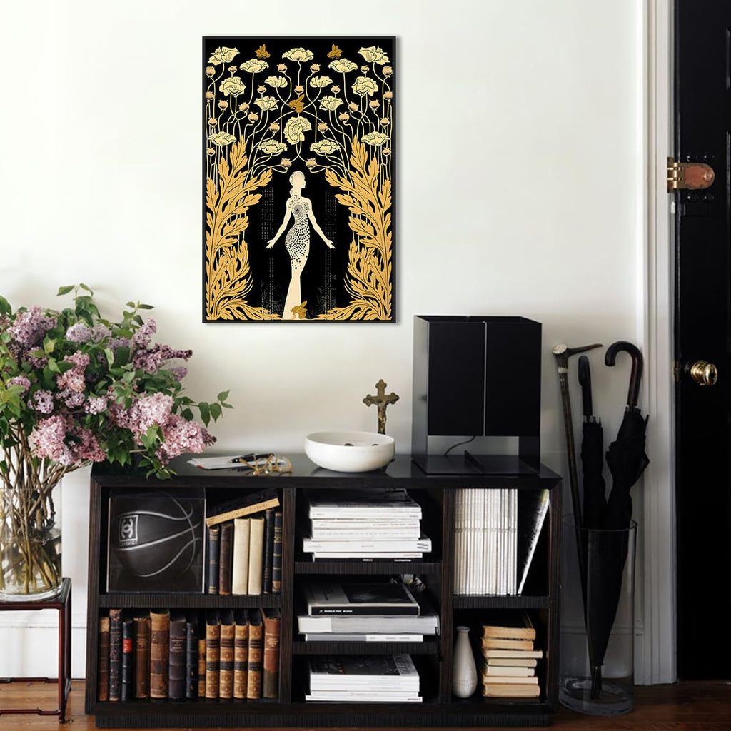 Art Nouveau Goddess Demeter Painting, Black and Gold Print Canvas Art, Bohemian Greek Goddess Poster, Boho Flower and