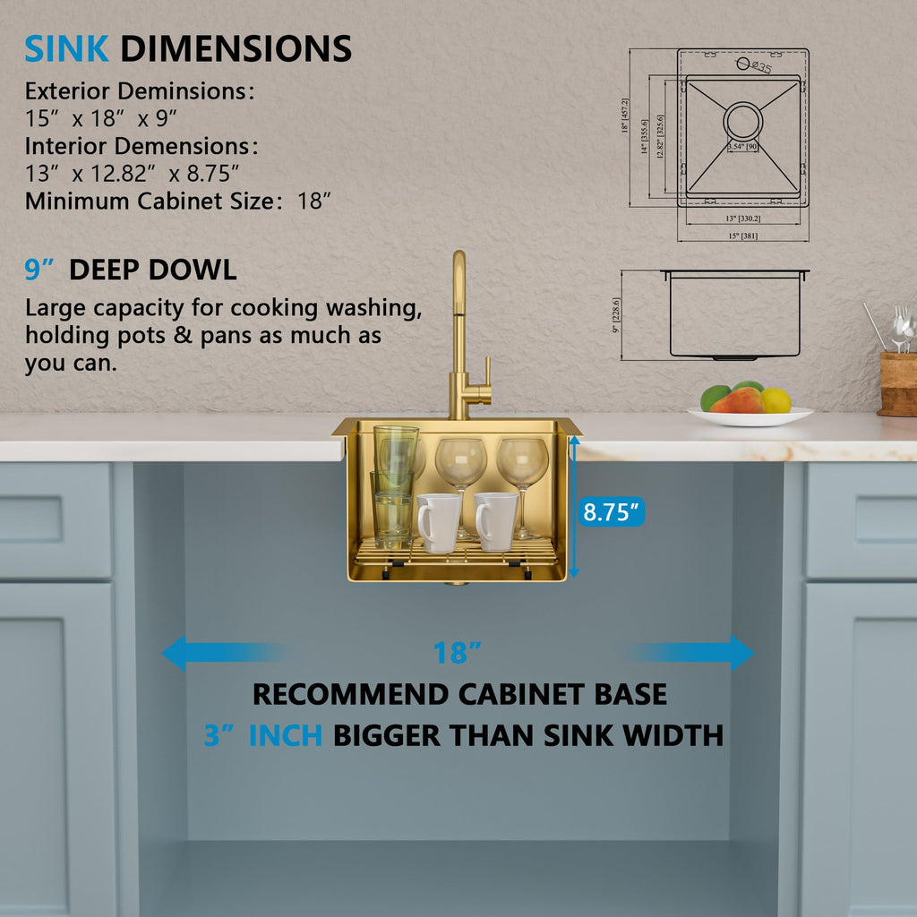 15"x18" Gold Bar Prep Sink Drop In Top Mount Workstation