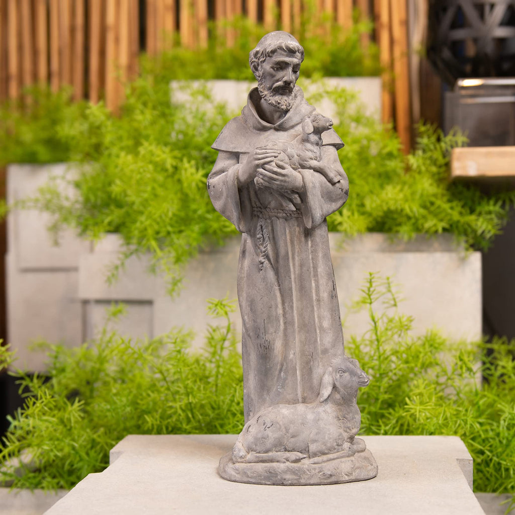 Vintage St Francis Garden Statue - 15.2 Inch Resin Patron of Animal Figurine Saint Francis Sculpture with Sheep for