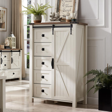 5 Drawers Dresser with Sliding Barn Doors, Antique White